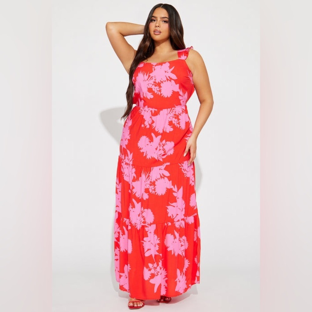 Fashion Nova Valentina Maxi Dress XL Red Pink Floral Sleeveless Resort Vacation